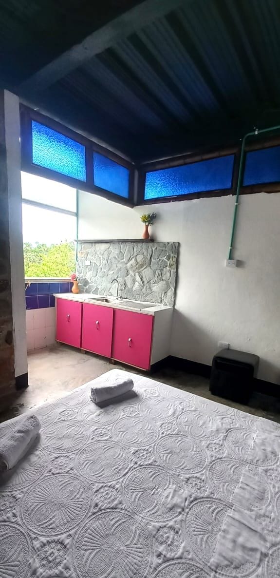 A bedroom with a bed, a pink cabinet, a stone accent wall, and a window with blue-tinted glass.
