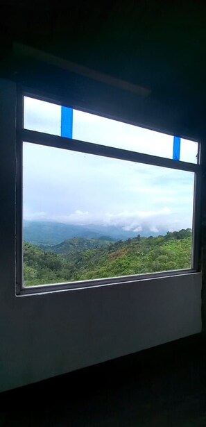 Una ventana con vistas a un paisaje montañoso.