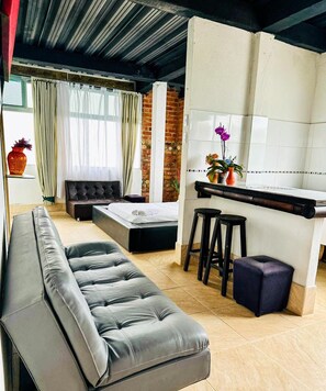 Una sala de estar moderna con un sofá gris, una pequeña área de cocina y una mesa de comedor.