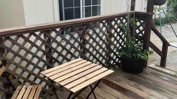 A wooden deck with a metal railing, a potted plant, and a window.