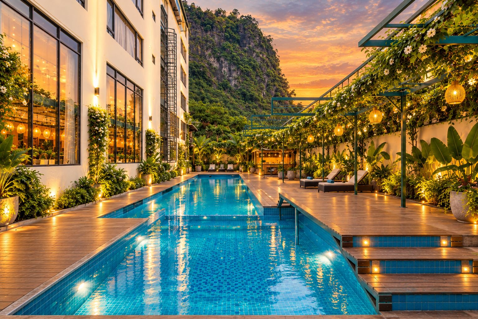 A swimming pool with wooden deck, surrounded by lush greenery and a mountain backdrop.