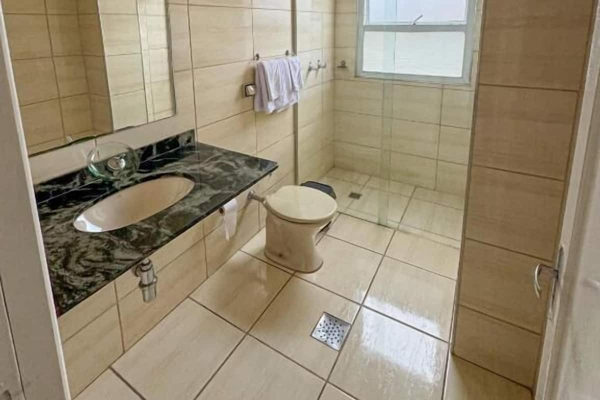 Ein Badezimmer mit Marmorwaschbecken, Toilette und Duschbereich.