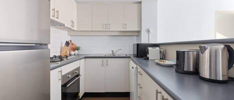 Fridge, microwave, oven, stovetop