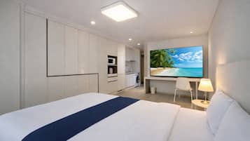 Down comforters, laptop workspace, free WiFi, bed sheets