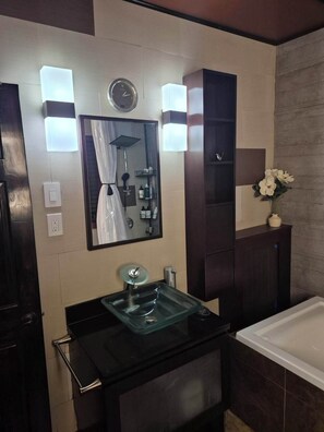Hair dryer, towels, soap, toilet paper