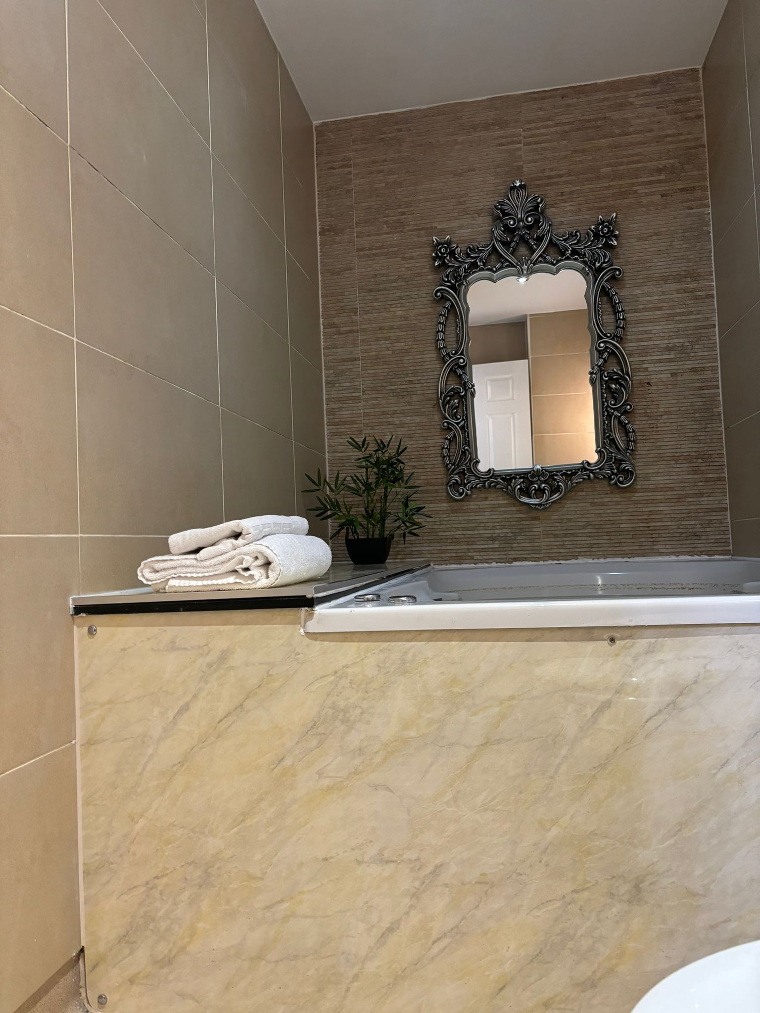 Un baño con tocador de mármol, un espejo decorativo y una planta en maceta.