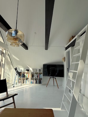 A room with a telescope, a flat-screen TV, and a bookshelf.