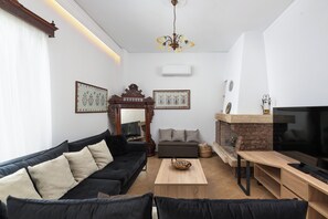 Smart TV, fireplace, DVD player, books