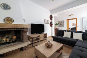 Smart TV, fireplace, DVD player, books