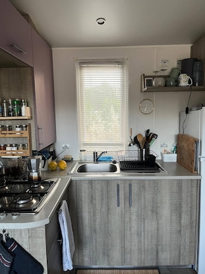 Fridge, oven, coffee/tea maker, cookware/dishes/utensils