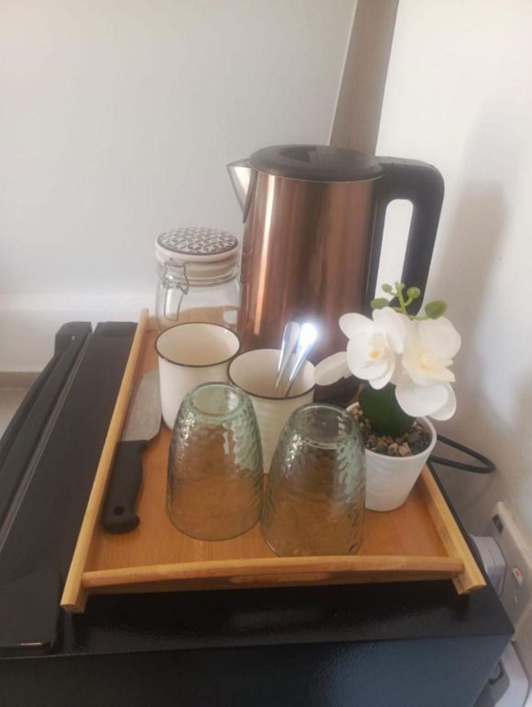 A tray with a coffee pot, two cups, a jar, and a potted plant.