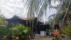 Una casa con porche techado, rodeada de plantas tropicales y palmeras.
