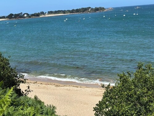 2-bed apartment with private terrace - 50m from beach and GR34. Dogs welcome.