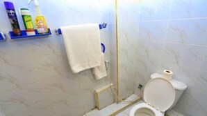 Ein Badezimmer mit Toilette, einem Handtuch an der Wand und einem Regal mit Reinigungsprodukten.
