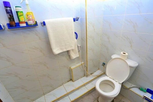 Un baño con inodoro, una toalla colgada en la pared y un estante con productos de limpieza.
