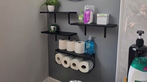Un baño con repisas que contienen papel higiénico, una planta y artículos de tocador.