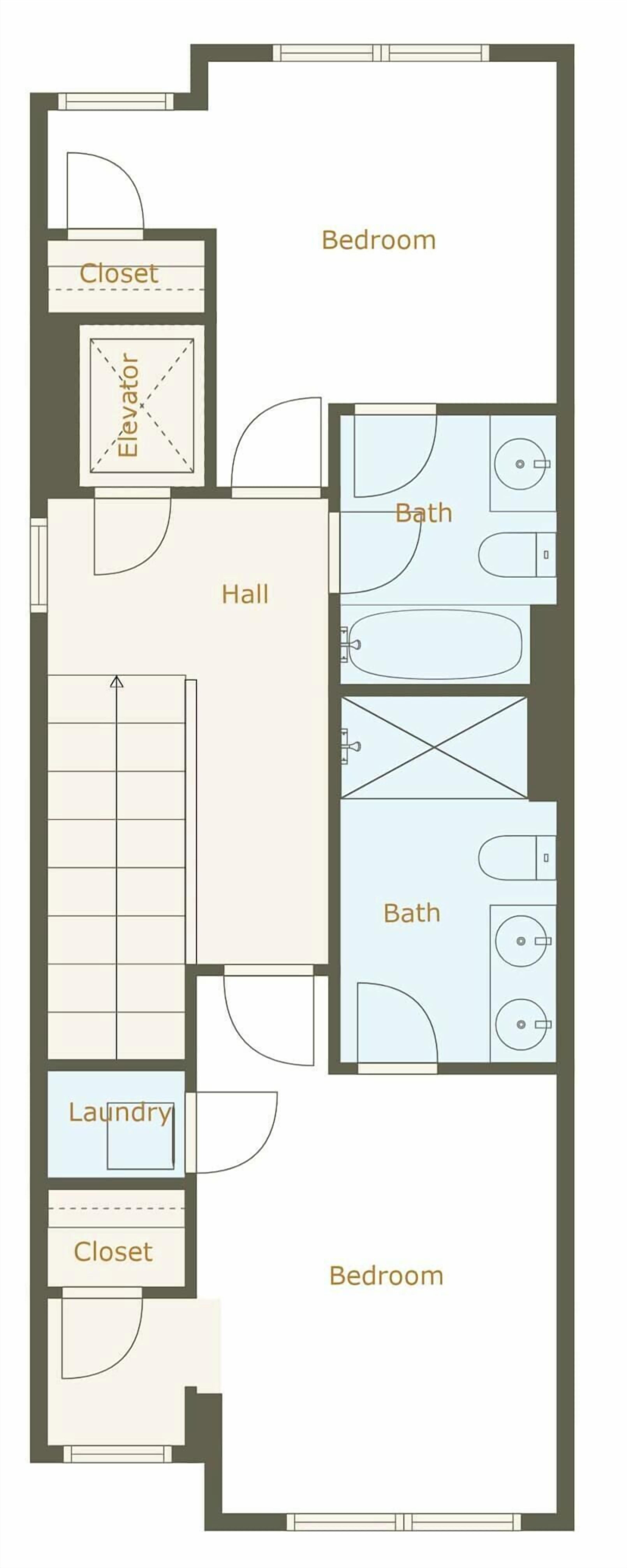 A floor plan of a hotel with a bedroom, bathroom, hall, and laundry area.