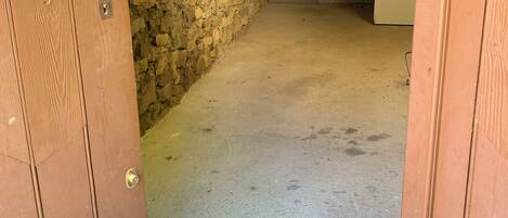 A narrow hallway with a stone wall on one side and a wooden door on the other.
