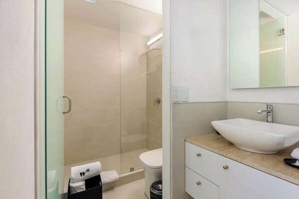 A modern bathroom with a glass-enclosed shower, a white sink, and a mirror above the sink.