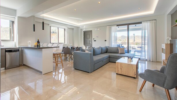A modern living room with a grey sectional sofa, a wooden coffee table, and a dining area with a kitchen island. - Neaira Apartments (Platanias)