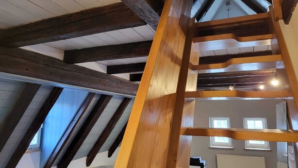 A room with exposed wooden beams, a sloped ceiling, and skylights. - Half-timbered maisonette in Nürtingen (Nürtingen)