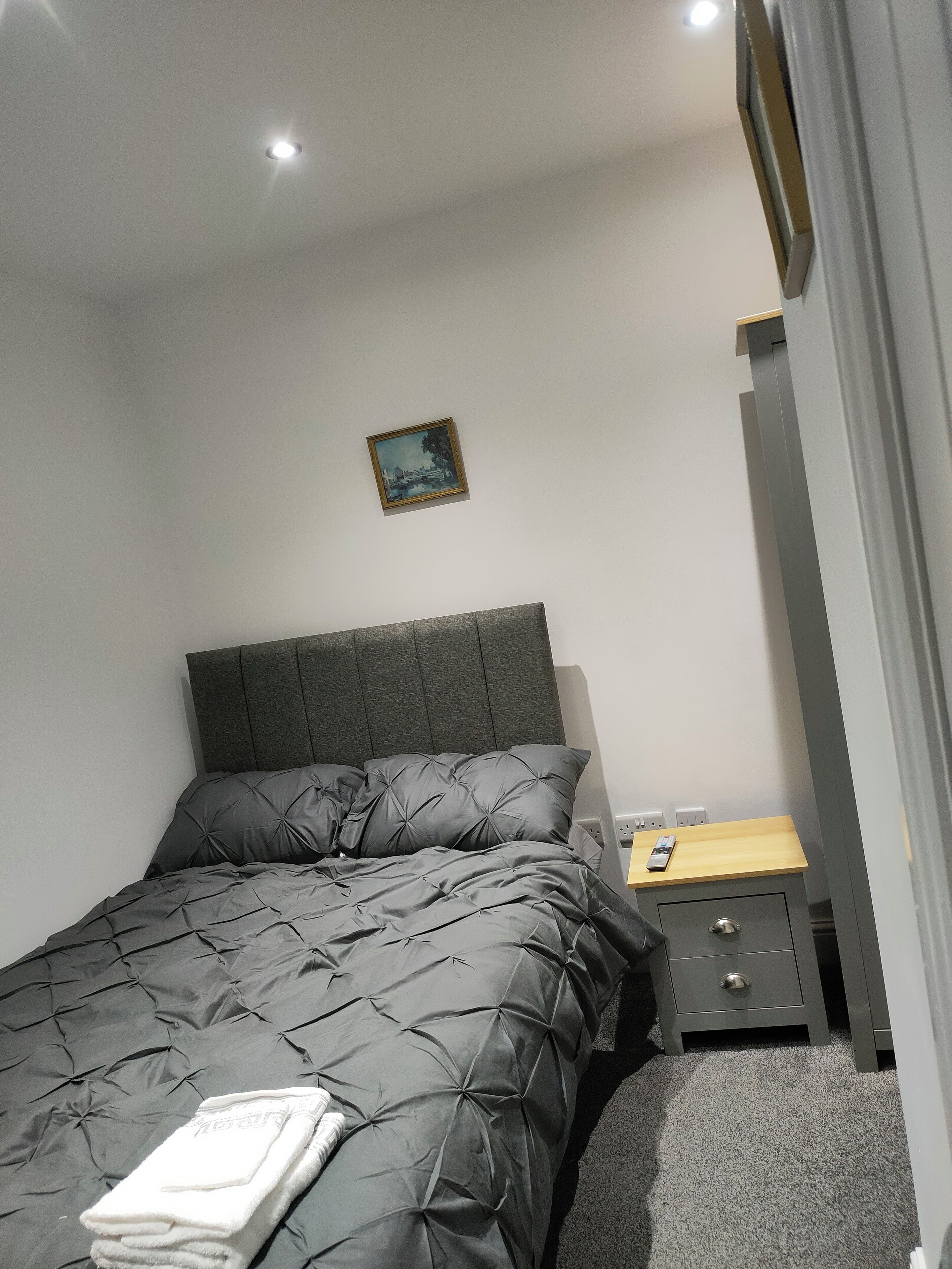 Un dormitorio con cama, mesita de noche, cajón, un cuadro en la pared y una lámpara en el techo.