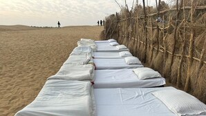 Filas de literas con ropa de cama y almohadas blancas, instaladas en una playa arenosa con una estructura de madera al fondo.