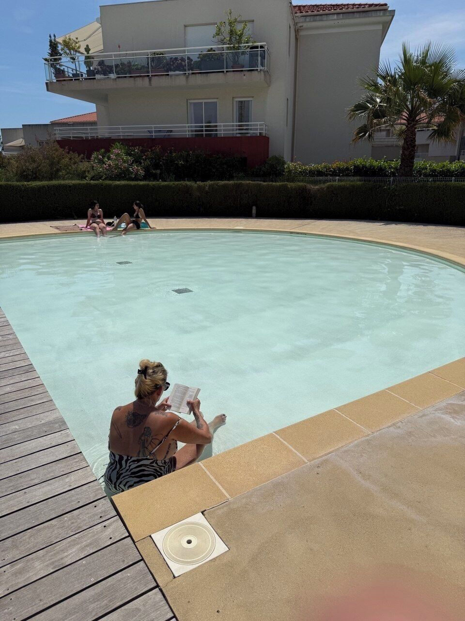 Una piscina con muelle de madera, un edificio con balcones y una palmera.
