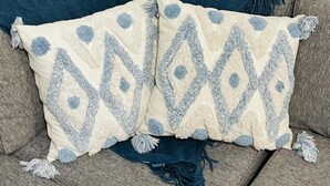 Un canapé gris agrémenté de deux coussins décoratifs ornés d’un motif losange et de glands.