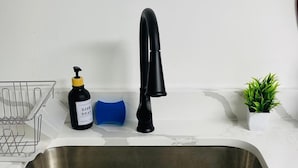 Eine Küche mit Edelstahlspüle, Seifenspender, Schwamm und einem kleinen Topfpflanzen auf der Arbeitsplatte.