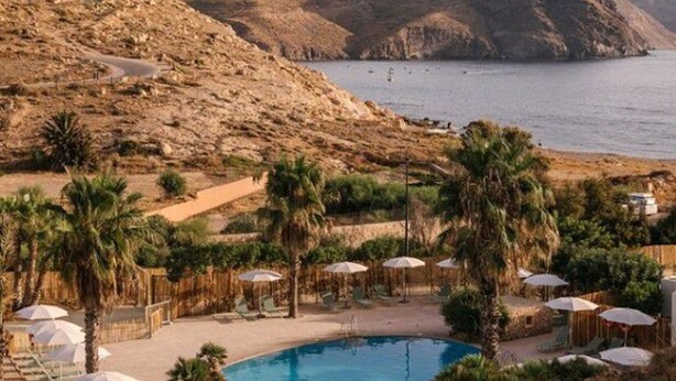 A pool area with umbrellas, palm trees, and a view of the sea and hills.