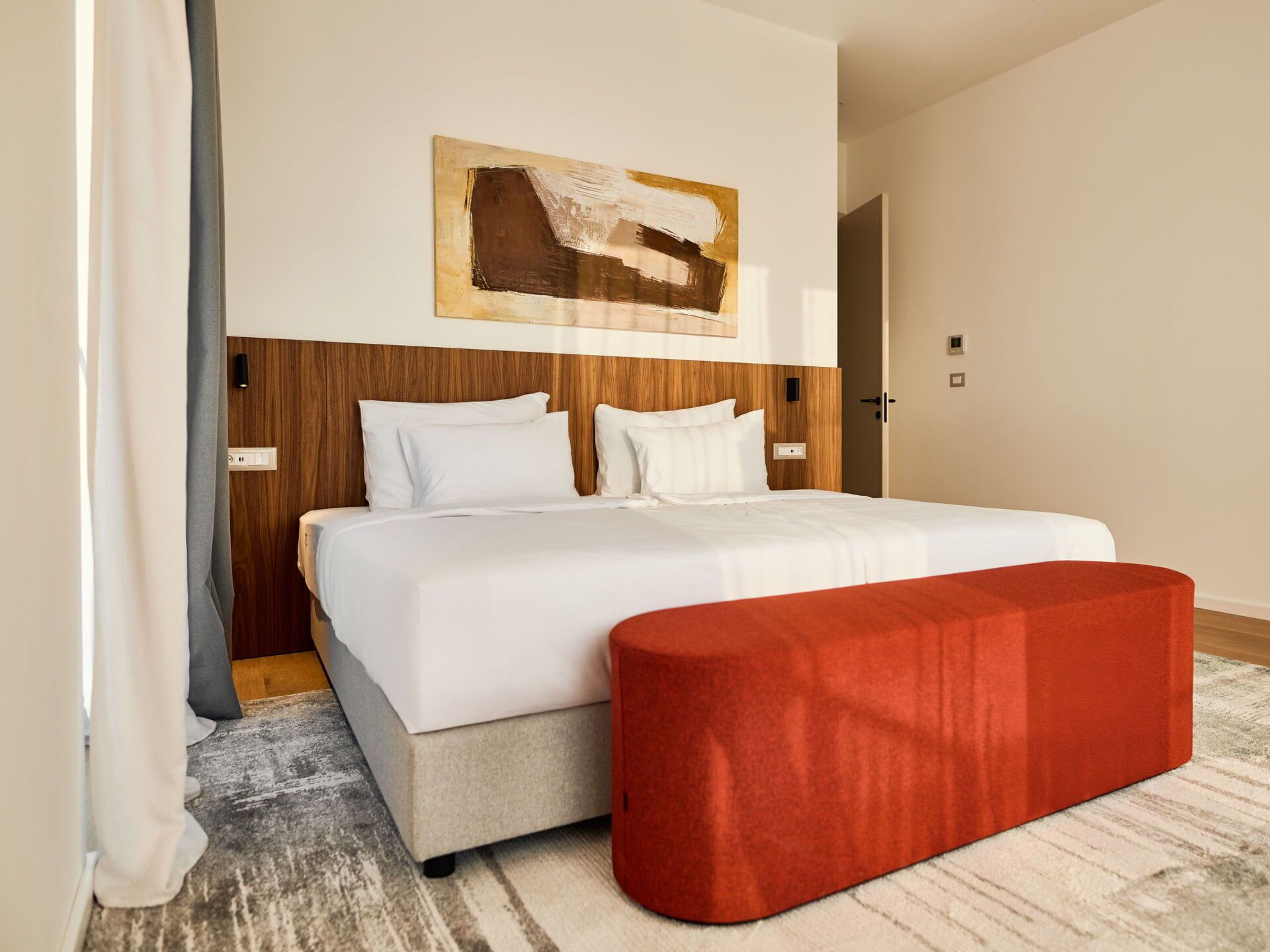 Wood, Flooring, Interior Design, Floor, Wood Stain, Hardwood, Bedroom, Wood Flooring, Throw Pillow, Bed
