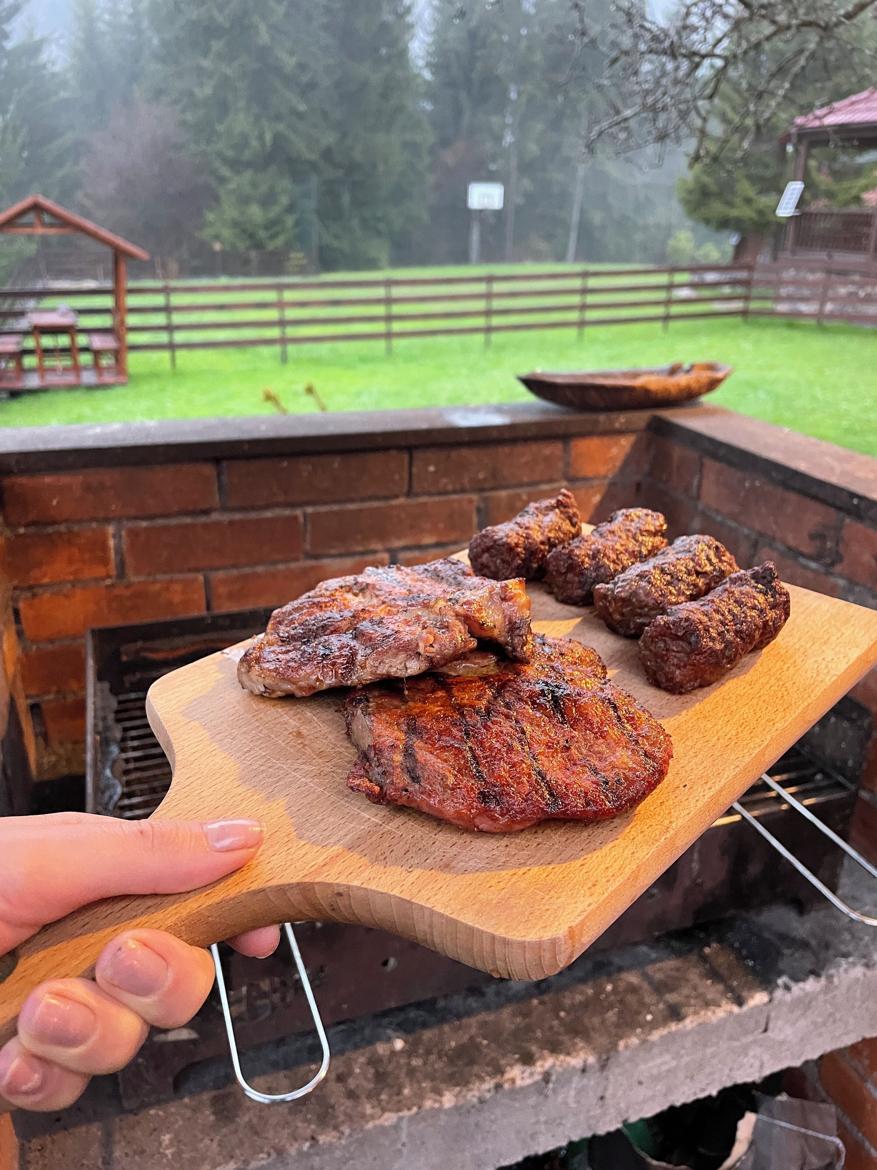 Una tabla de madera con carne a la parrilla y brochetas sobre una barbacoa.