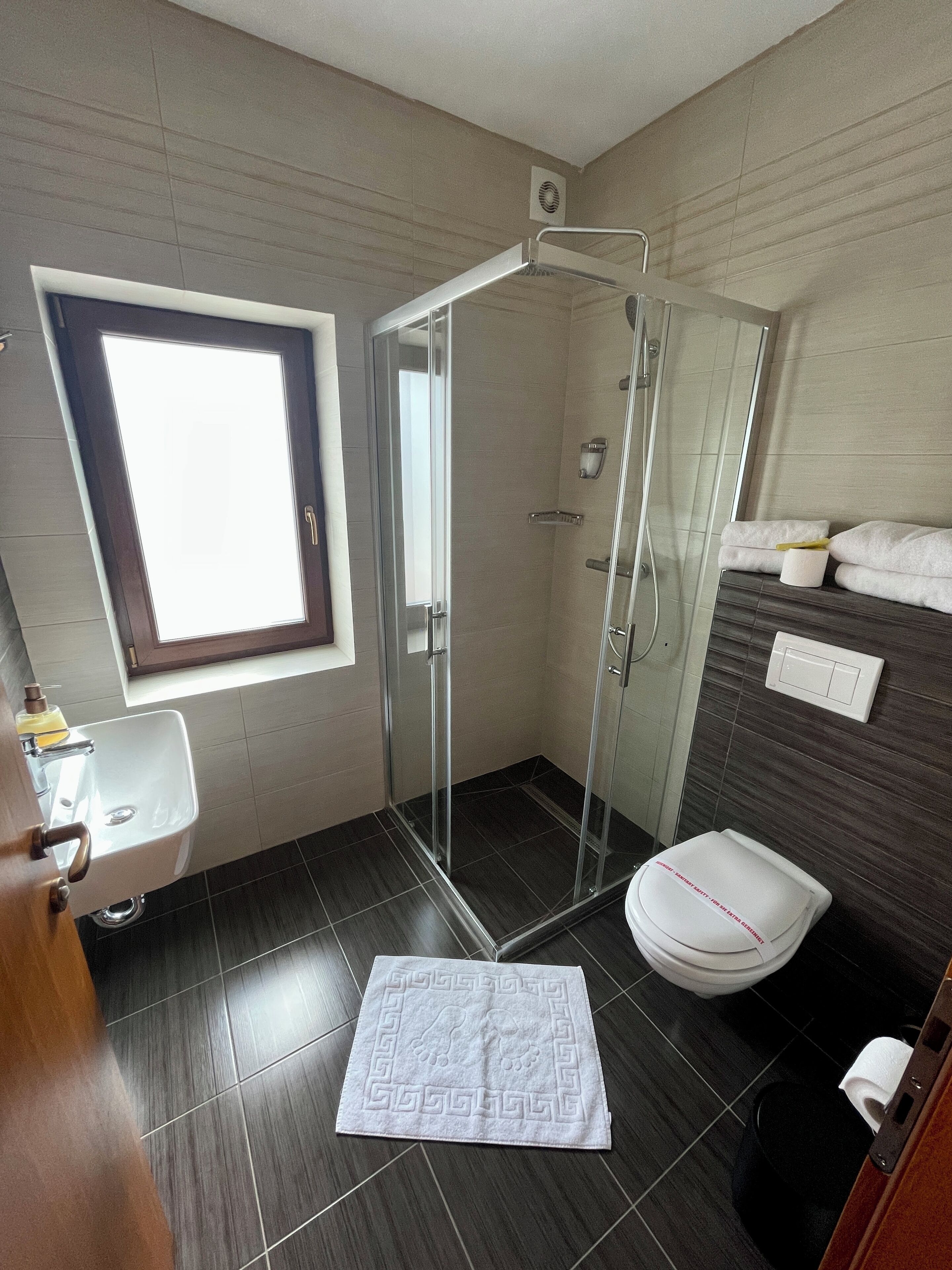 A modern bathroom with a glass-enclosed shower, a toilet, and a sink.