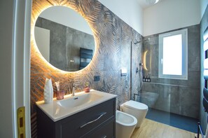 Shower, hair dryer, bidet, towels