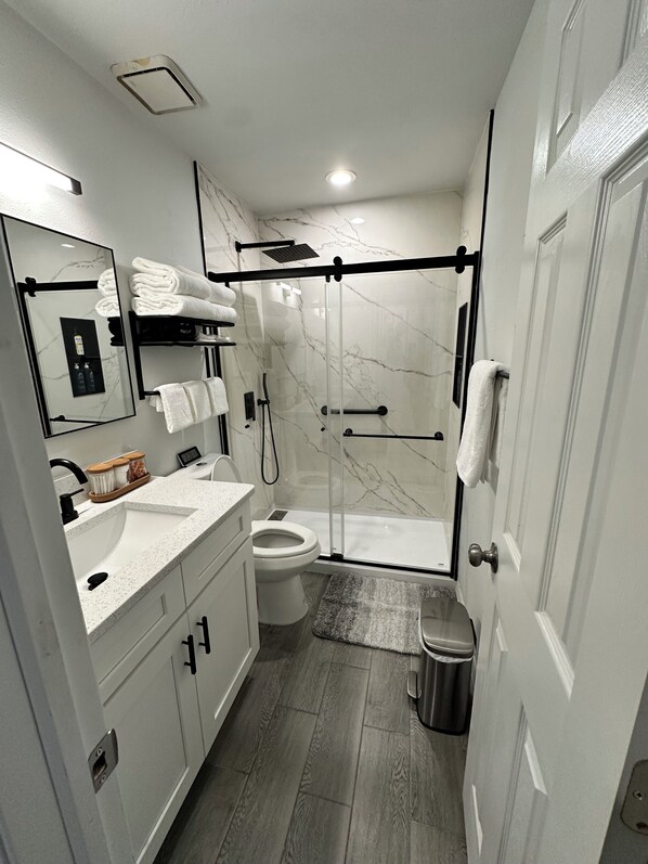 Hair dryer, towels, soap, shampoo