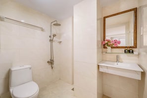 Shower, hydromassage showerhead, designer toiletries, hair dryer