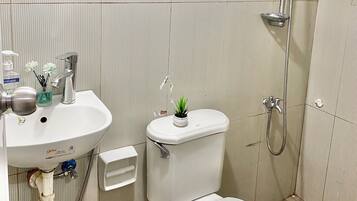 Shower, bidet, towels, soap