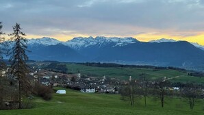 Paisaje rural con un pueblo, campos verdes y montañas nevadas al fondo.