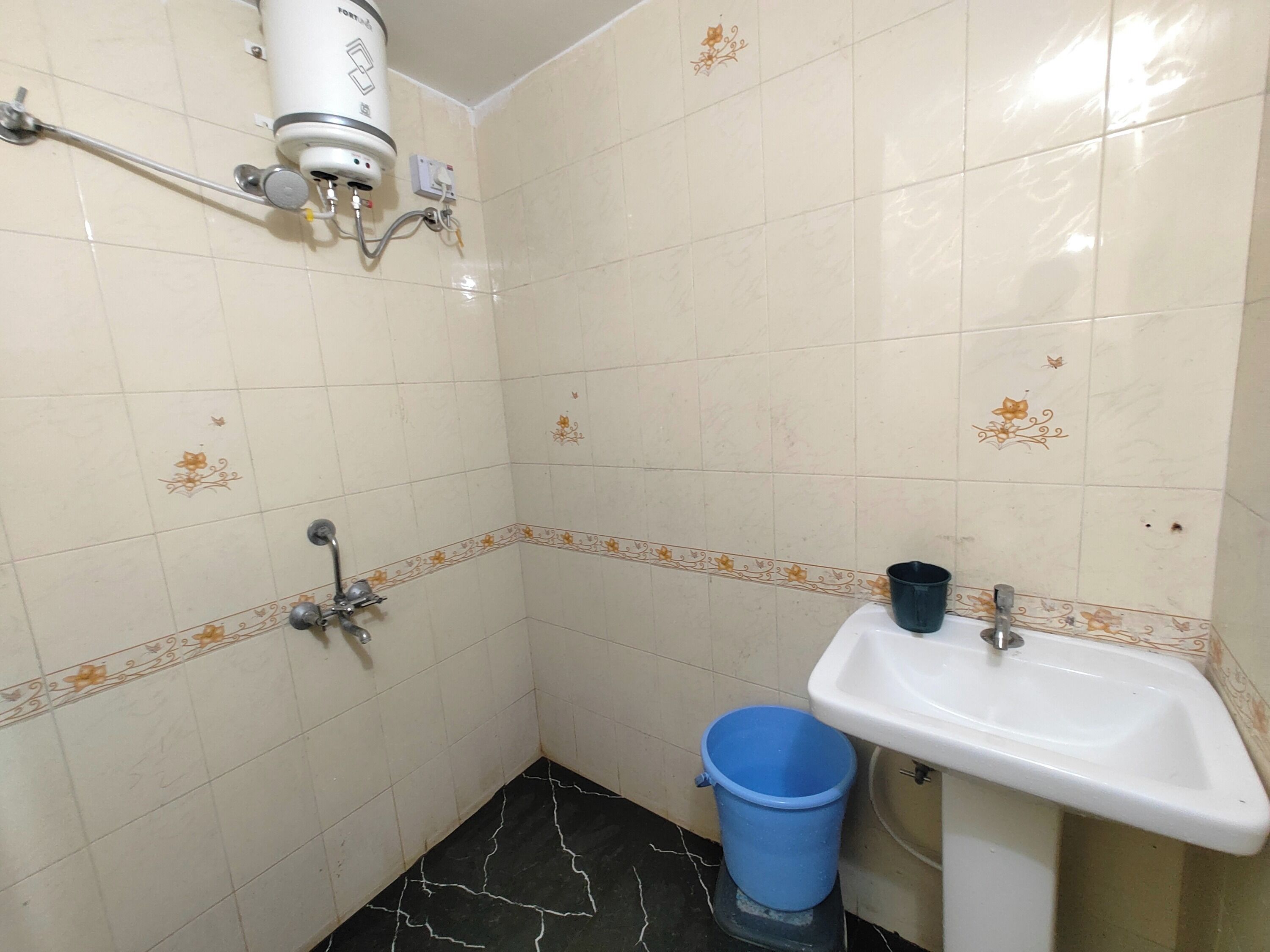 Un baño pequeño con un lavamanos blanco, un cubo azul, un cabezal de ducha y un inodoro.