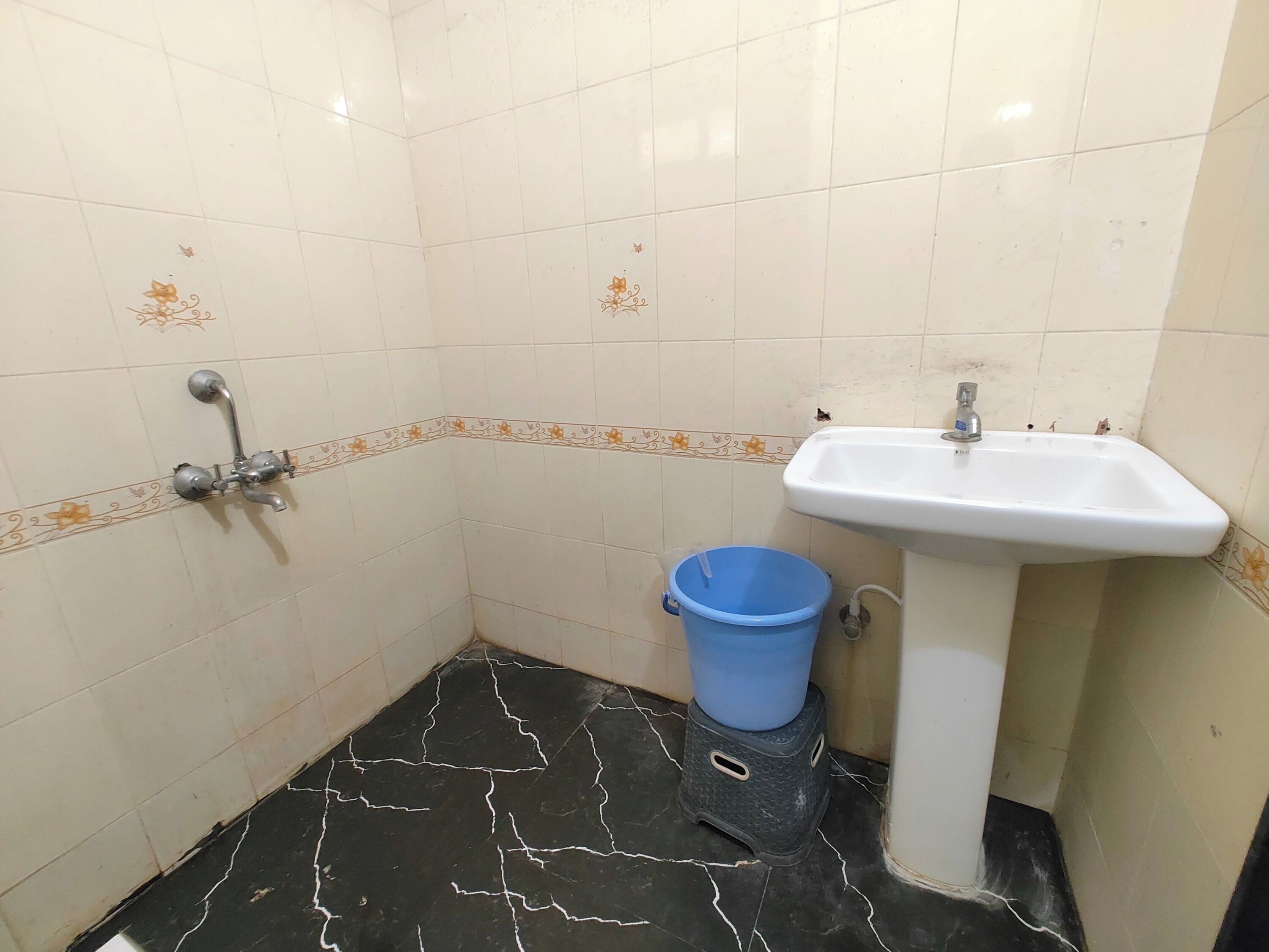 A small bathroom with a white sink, a blue bucket, and a shower with a metal handle.