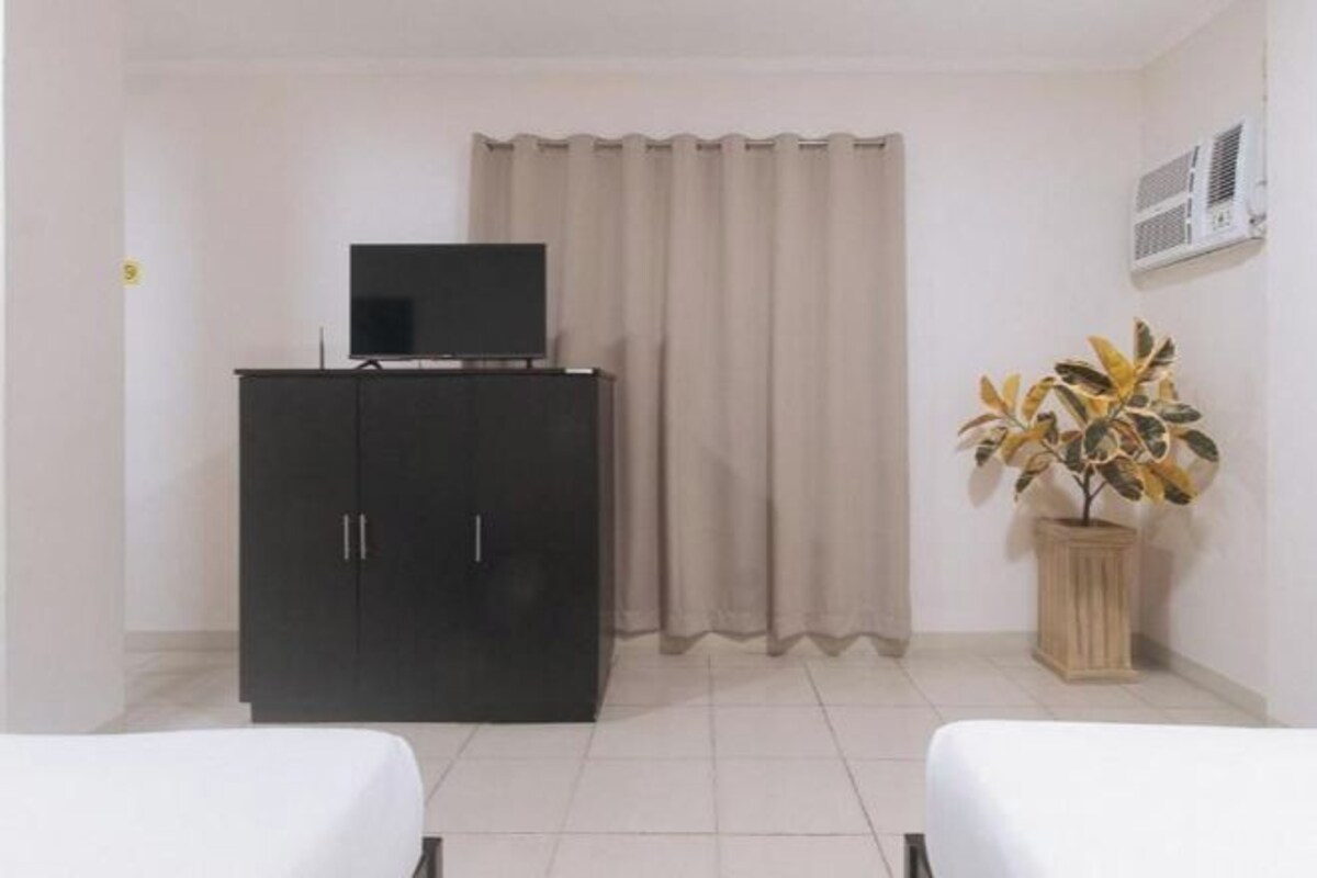 A hotel room with a bed, a TV on a cabinet, a curtain, and a potted plant.