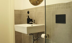 Shower, hair dryer, towels, toilet paper