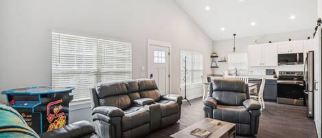 Smart TV, fireplace, video games, DVD player