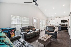 Smart TV, fireplace, video games, DVD player