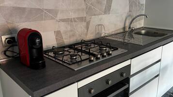 Kühlschrank, Ofen, Herdplatte, Wasserkocher mit Kaffee-/Teezubehör