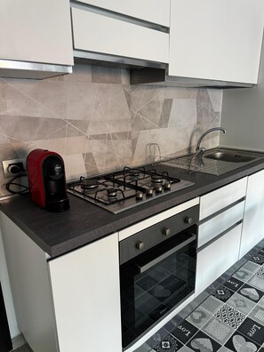 Fridge, oven, stovetop, coffee/tea maker