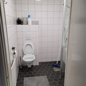 Regadera, secadora de cabello, toallas, papel de baño 