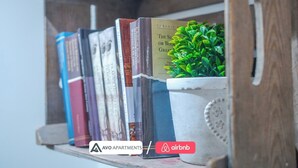 A bookshelf with books and a small potted plant. - Stylish Urban Studio in Sheffield –  APT 21 (Sheffield)
