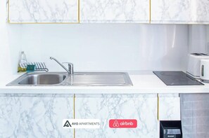 Fridge, microwave, stovetop, toaster